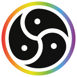 BDSM Triskele mit einem Außenring in einem Regenbogen Verlauf und schwarzen Innenelementen.